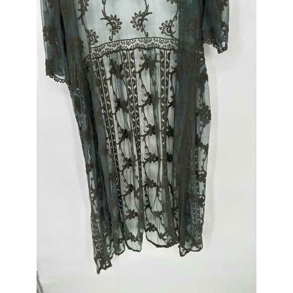 Woven Heart Kimono Duster Medium Green Sheer Embroidered Boho Whimsy Fairy - Picture 4 of 9